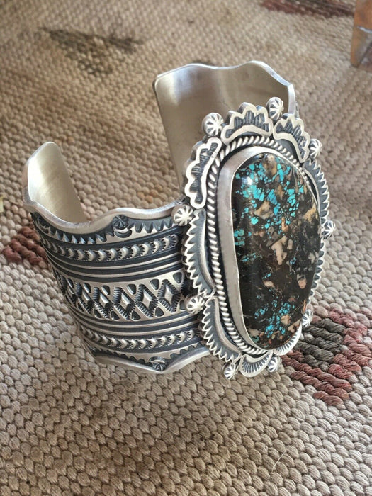 Navajo Royston Turquoise  Sterling Silver Handstamped Cuff Signed