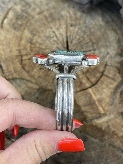 Navajo Sterling Kingman Web Turquoise & Red Coral Taos Bracelet Cuff Johnson