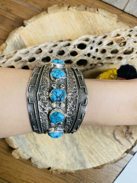 Navajo Kingman Turquoise & Hand Stamped Sterling Silver Cuff Bracelet