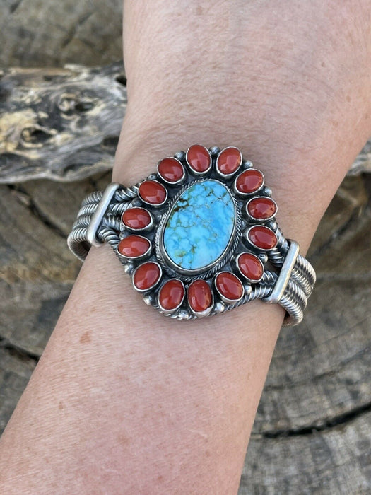 Navajo Sterling Kingman Web Turquoise & Red Coral Taos Bracelet Cuff B. Johnson