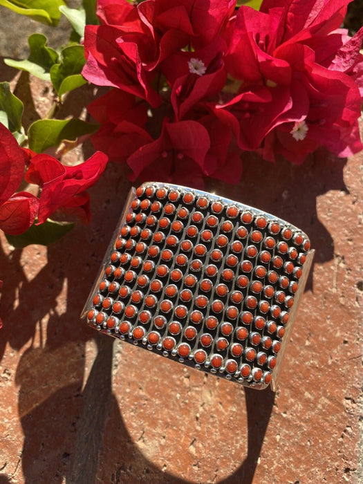 Navajo Natural Coral & Sterling Silver Cuff Bracelet By Paul Livingston