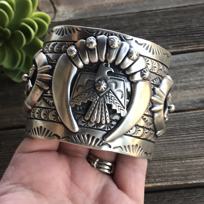 Sterling Silver Navajo Stamped Thunderbird Cuff Made By Rick Enrique