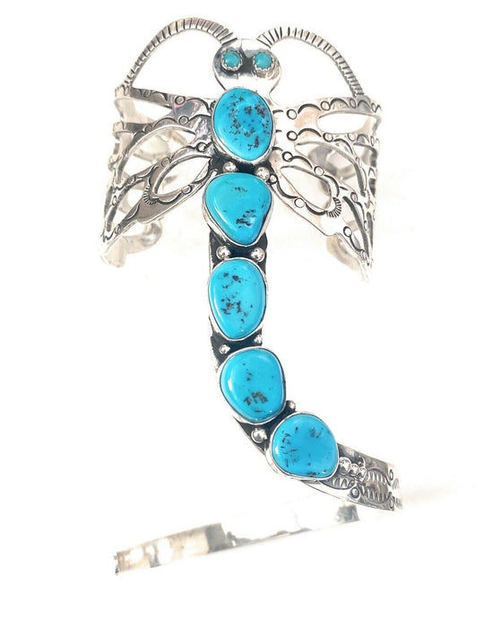 Navajo Sterling Silver & Kingman Turquoise Dragonfly Cuff By Russell Sam