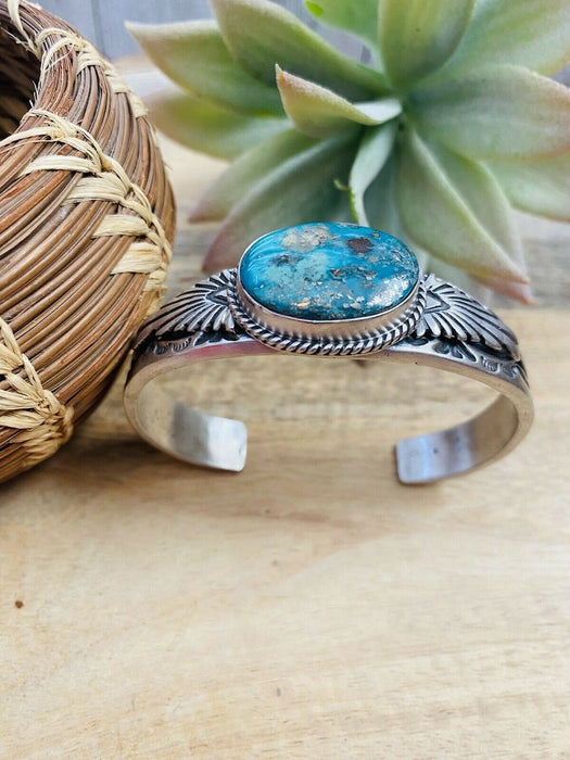 Navajo Sterling Silver & Royston Turquoise Cuff Bracelet Signed