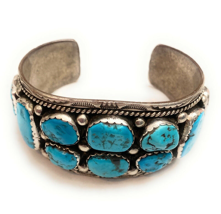 Navajo Old Pawn Vintage Kingman Turquoise & Sterling Silver Cuff Bracelet