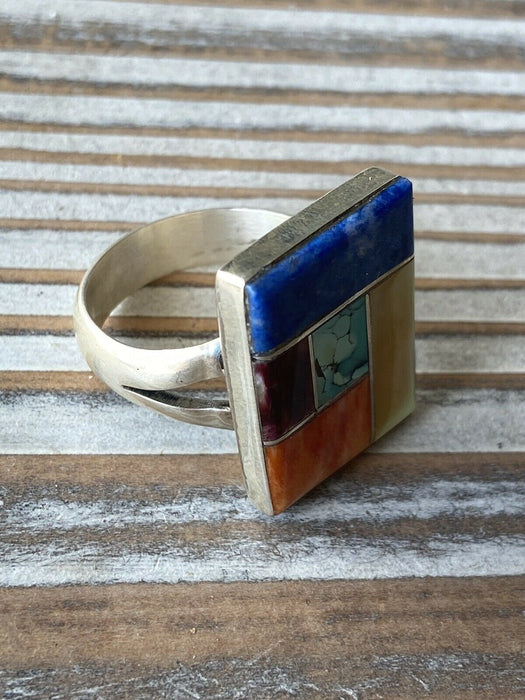 Navajo Inlay Multi Stone & Sterling Silver Ring Sz 12 Signed - Culture Kraze Marketplace.com