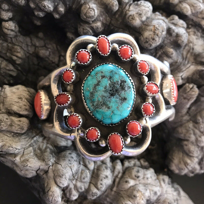 Navajo  Sterling Statement Kingman Turquoise & Natural Red Coral Bracelet Cuff