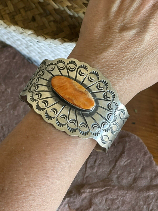 Navajo Orange Spiny & Sterling Silver Concho Cuff Bracelet Chimney Butte Signed