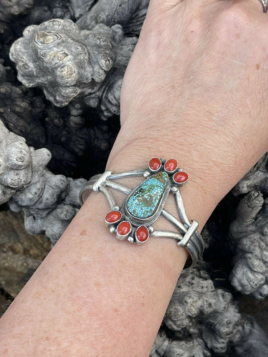 Navajo Sterling Kingman Web Turquoise & Red Coral Taos Bracelet Cuff Johnson