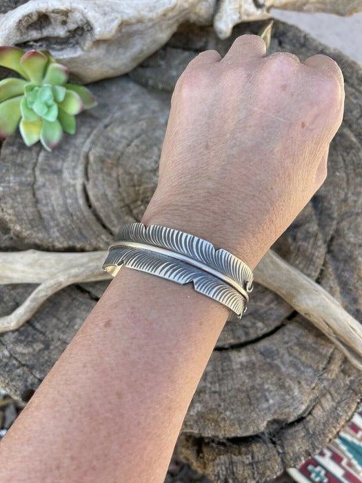 Navajo Sterling Silver Hand Stamped  Feather Bracelet Cuff