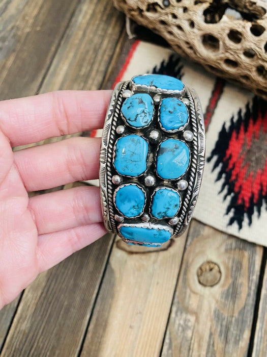 Navajo Old Pawn Vintage Kingman Turquoise & Sterling Silver Cuff Bracelet