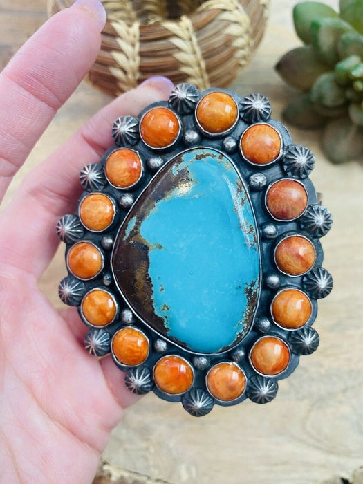 Navajo Orange Spiny, Turquoise & Sterling Silver Cuff Bracelet Signed