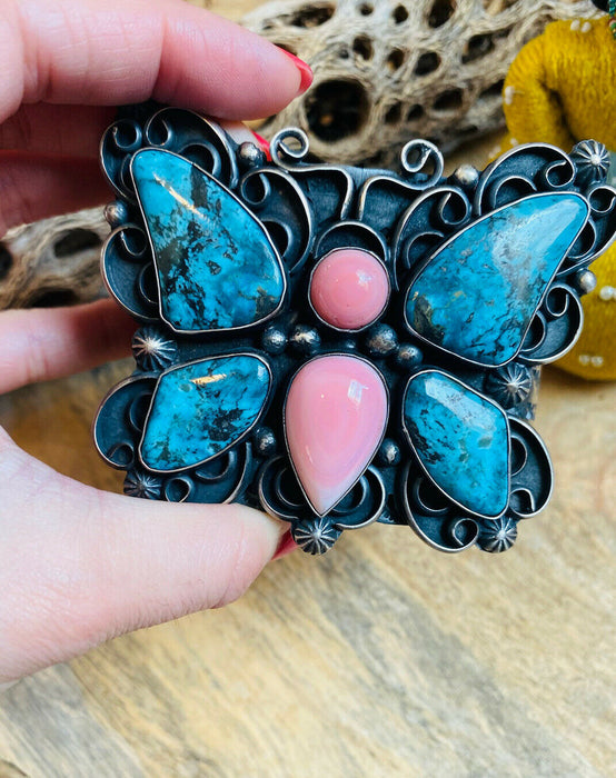 Navajo Turquoise, Pink Coral & Sterling Silver Butterfly Cuff Bracelet