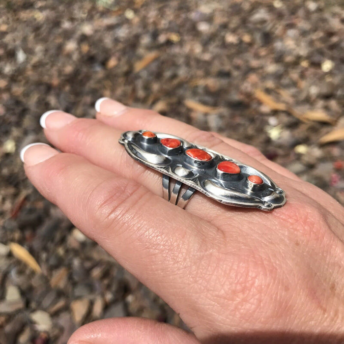 Navajo Sterling Silver Orange Spiny Oyster 5 Stone Ring - Culture Kraze Marketplace.com