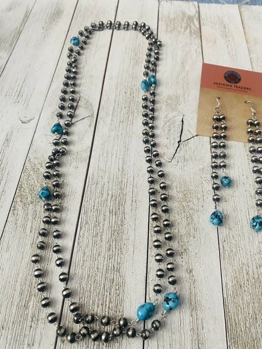 Navajo Kingman Turquoise & Sterling Silver Pearl Beaded Necklace Set - Culture Kraze Marketplace.com