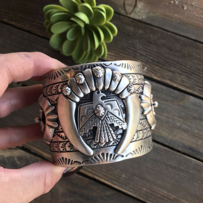 Sterling Silver Navajo Stamped Thunderbird Cuff Made By Rick Enrique