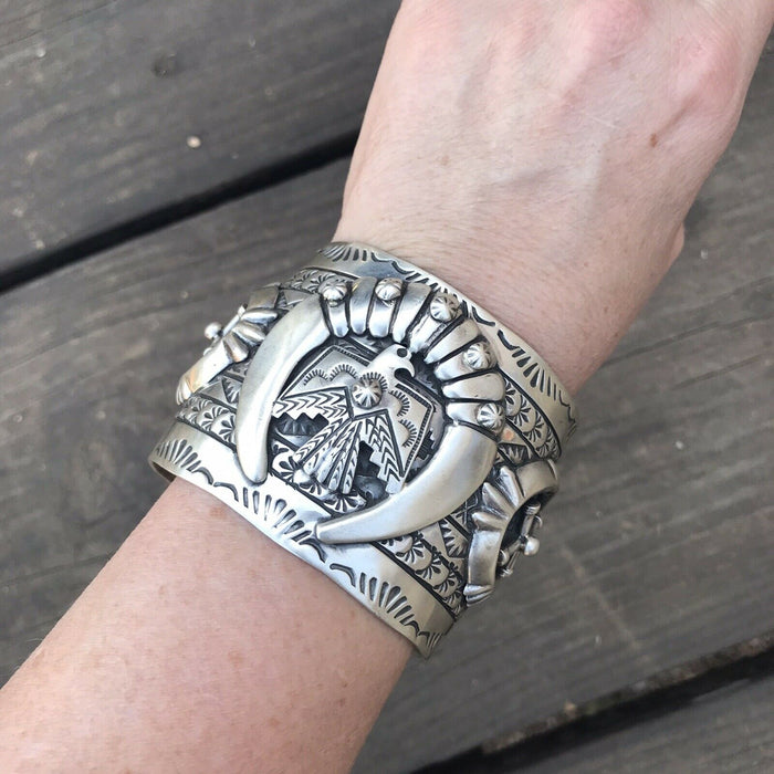 Sterling Silver Navajo Stamped Thunderbird Cuff Made By Rick Enrique