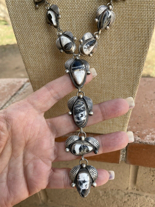 Navajo White Buffalo & Sterling Lariat Necklace Set Signed