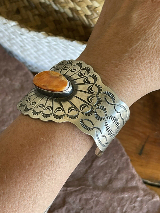 Navajo Orange Spiny & Sterling Silver Concho Cuff Bracelet Chimney Butte Signed