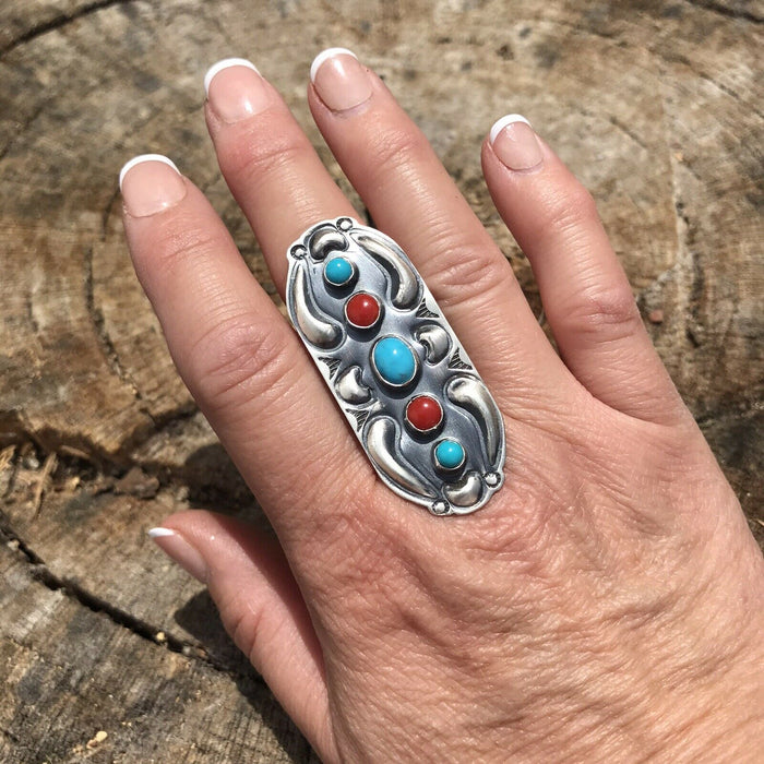 Navajo Sterling Silver Turquoise Coral 5 Stone Ring - Culture Kraze Marketplace.com