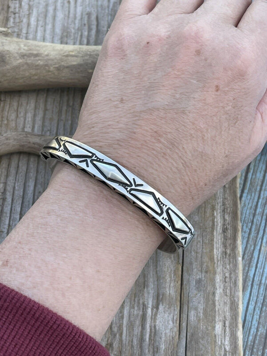 Leander Tahe Hand Stamped Sterling Navajo Bracelet Signed