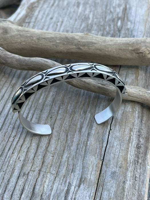 Leander Tahe Hand Stamped Sterling Navajo Bracelet Signed