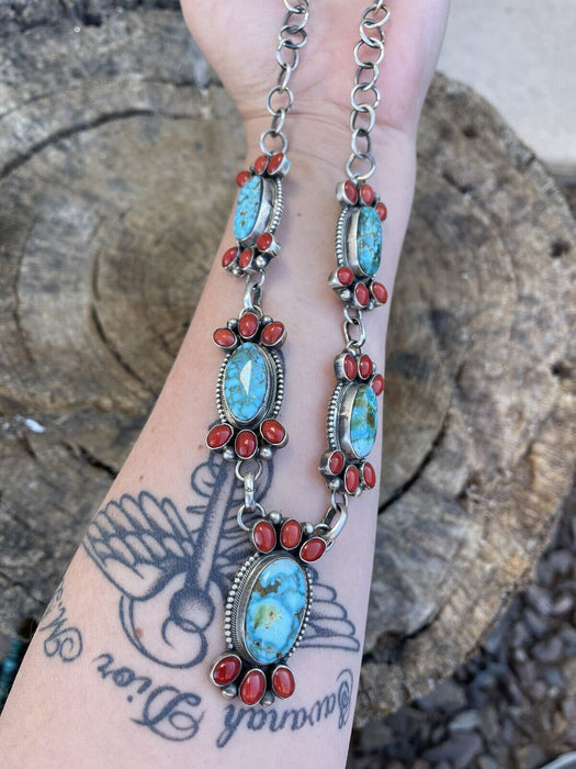 Navajo Sterling Kingman Turquoise Natural Red Coral Necklace Set Taos Collection