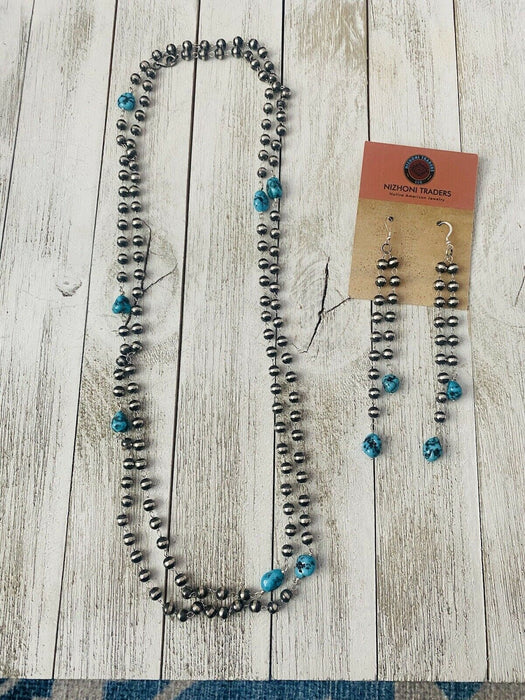 Navajo Kingman Turquoise & Sterling Silver Pearl Beaded Necklace Set - Culture Kraze Marketplace.com