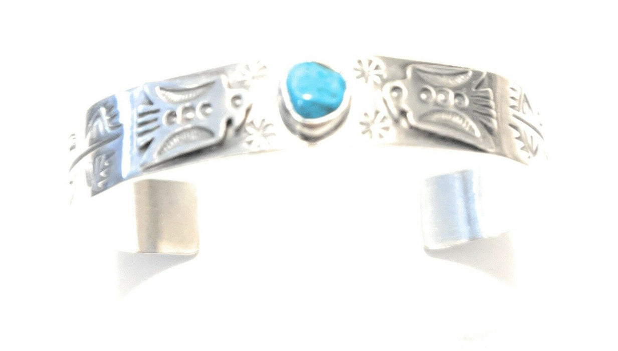 Sterling Silver Navajo Stamped Turquoise Thunderbird Cuff W.Begay