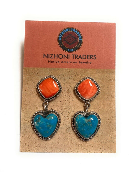 Navajo Sterling Silver, Orange Spiny & Turquoise Heart Dangle Earrings - Culture Kraze Marketplace.com