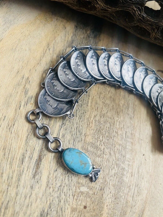 Navajo Turquoise & Sterling Silver Liberty Dime Bracelet By James McCabe