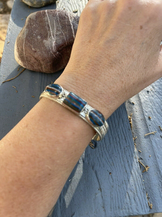 Unique Navajo Sterling Silver & Rainbow Stone Elegant Cuff Bracelet