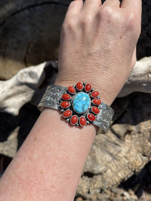 Navajo Sterling Kingman Web Turquoise & Red Coral Taos Bracelet Cuff