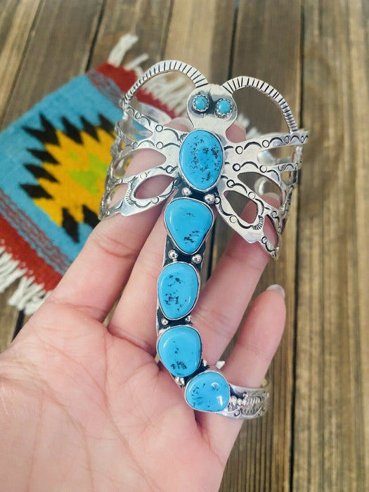 Navajo Sterling Silver & Kingman Turquoise Dragonfly Cuff By Russell Sam