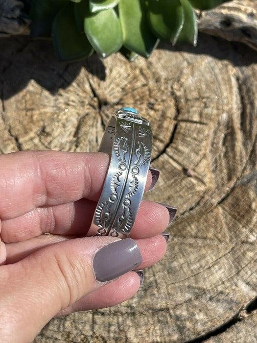 Sterling Silver Navajo Stamped Turquoise Thunderbird Cuff W.Begay