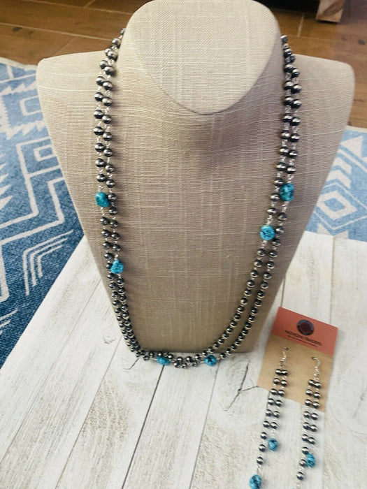 Navajo Kingman Turquoise & Sterling Silver Pearl Beaded Necklace Set - Culture Kraze Marketplace.com