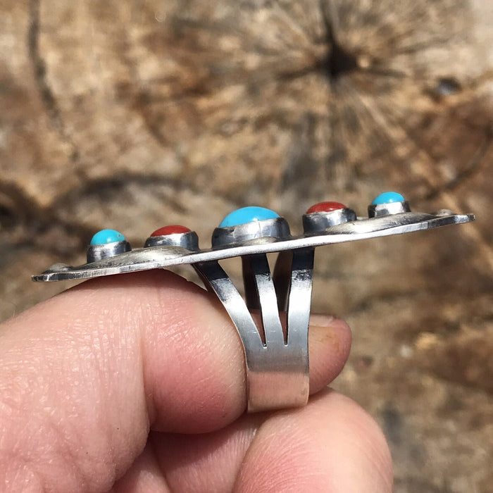 Navajo Sterling Silver Turquoise Coral 5 Stone Ring - Culture Kraze Marketplace.com