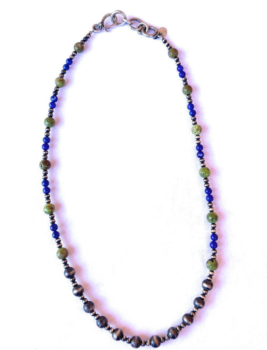 Navajo Lapis, Gaspeite And Sterling Silver Navajo Pearl Beaded Necklace - Culture Kraze Marketplace.com