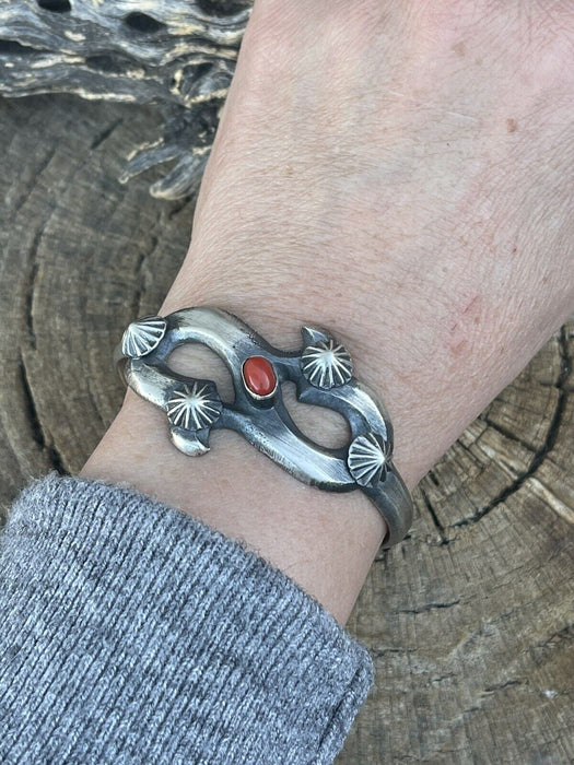 Navajo Natural Red Coral Sterling Silver Cuff By Artist Chimney Butte