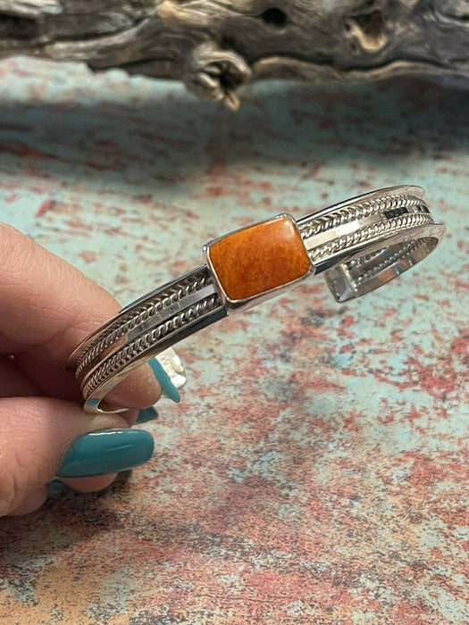 Navajo Orange Spiny Rectangle Sterling Silver Stacker Cuff Bracelet