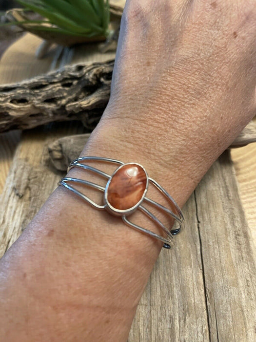 Navajo Orange Spiny Sterling Silver Bracelet Loop Cuff Stamped Begay