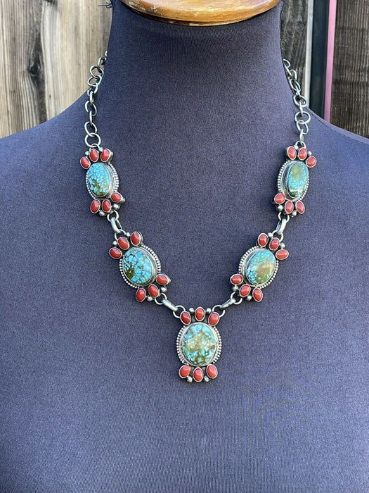 Navajo Sterling Kingman Turquoise Natural Red Coral Necklace Set Taos Collection