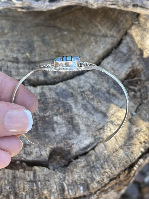 Navajo Blue Opal & Onyx Inlay Sterling Silver Cuff Bracelet