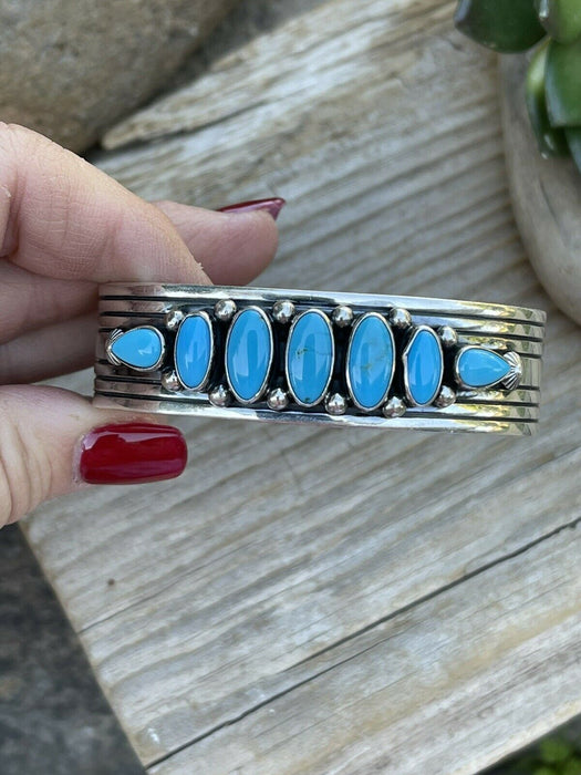 Navajo Sterling & Kingman Turquoise Stacker Cuff Bracelet Artist R. Bennett