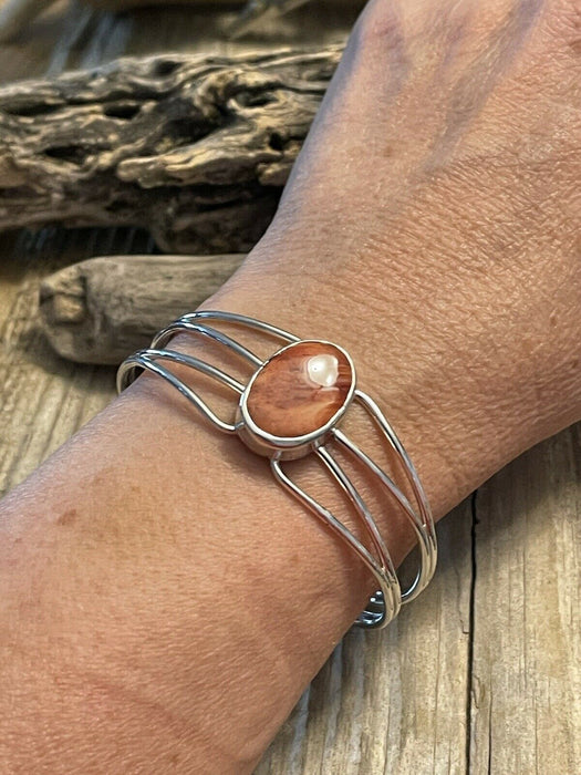 Navajo Orange Spiny Sterling Silver Bracelet Loop Cuff Stamped Begay