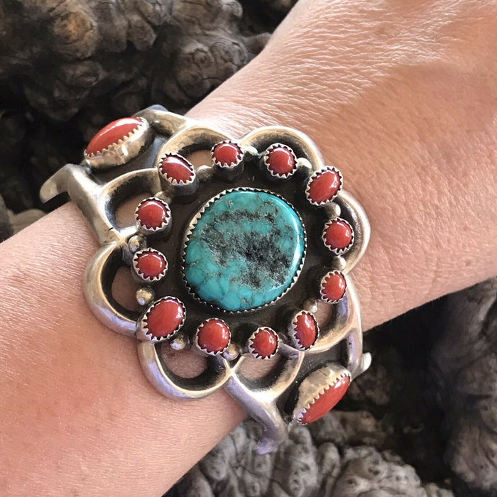 Navajo  Sterling Statement Kingman Turquoise & Natural Red Coral Bracelet Cuff