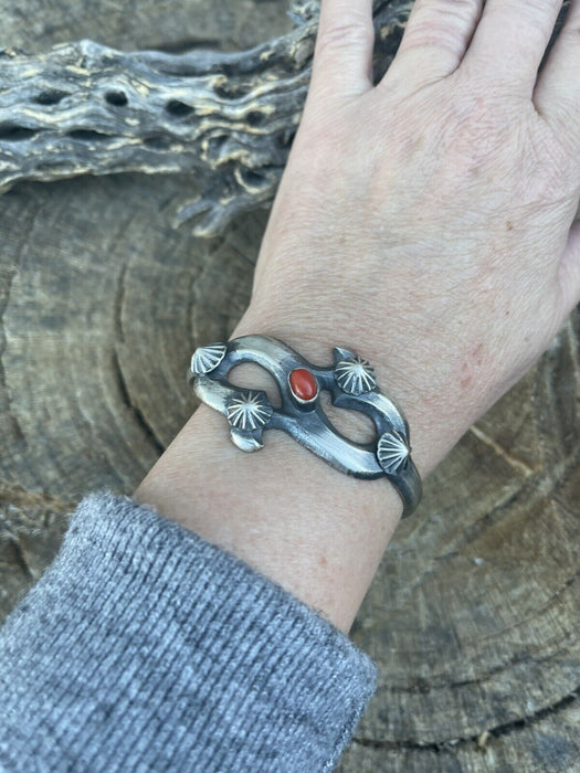 Navajo Natural Red Coral Sterling Silver Cuff By Artist Chimney Butte