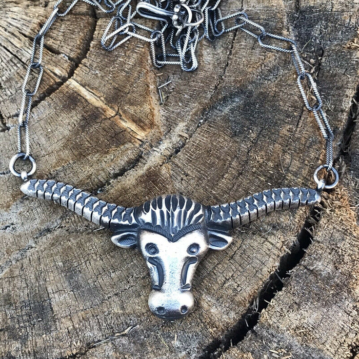 Navajo Sterling Silver Longhorn Statement Necklace By Artist Kevin Billah