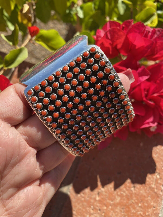 Navajo Natural Coral & Sterling Silver Cuff Bracelet By Paul Livingston