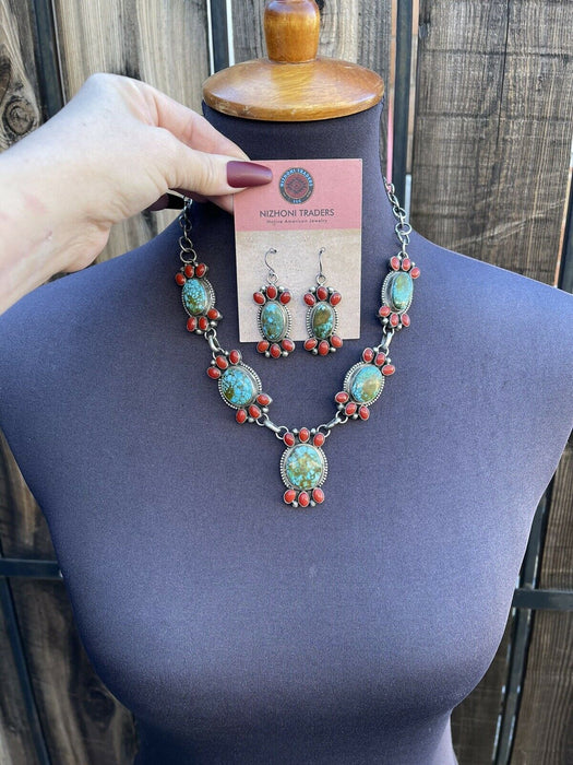 Navajo Sterling Kingman Turquoise Natural Red Coral Necklace Set Taos Collection